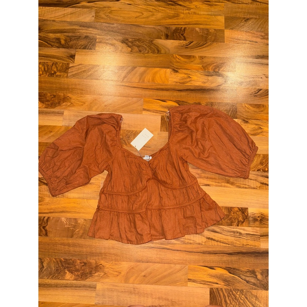 A New Day Peplum Top Women LG burnt orange NEW Linen Blend‎ Puff Sleeve Babydoll
